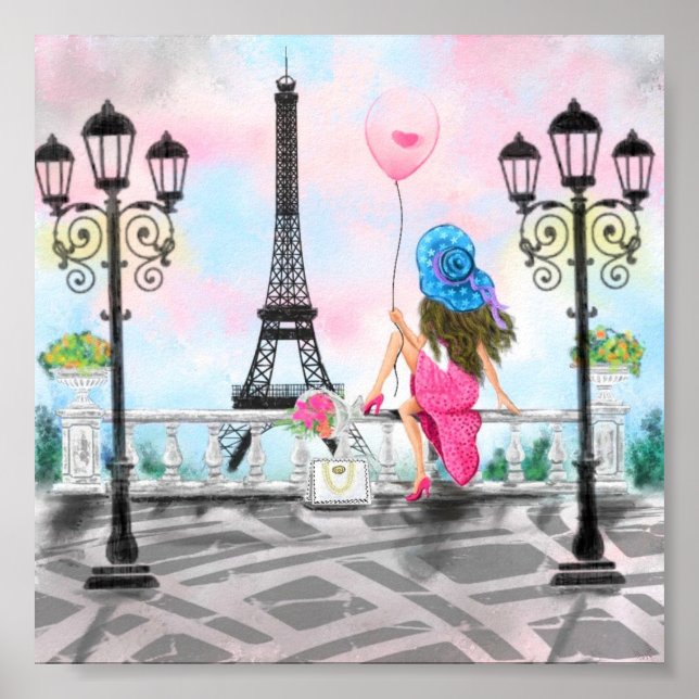 Pretty Lady with Pink Heart Balloon - I Love Paris Poster (Front)