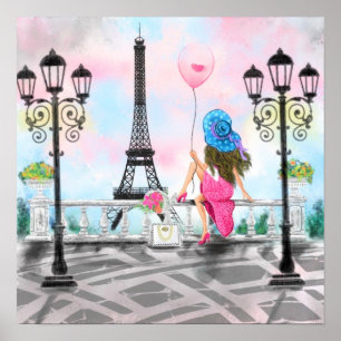 Pretty Lady with Pink Heart Balloon - I Love Paris Poster