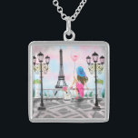Pretty Lady with Pink Heart Balloon - I Love Paris Sterling Silver Necklace<br><div class="desc">Pretty Lady with Pink Heart Balloon - I Love Paris - Romantic Drawing - Choose / Add Your Unique Text / Font / Colour - Make Your Special Gift - Resize and move or remove and add elements - Image / text with customisation tool ! - Drawing and Design by...</div>