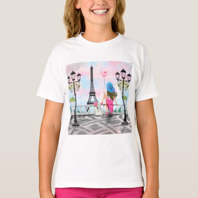 Pretty Lady with Pink Heart Balloon - I Love Paris T-Shirt (Front)
