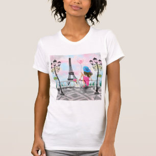 Pretty Lady with Pink Heart Balloon - I Love Paris T-Shirt