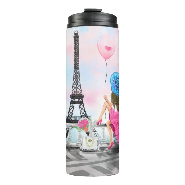 Pretty Lady with Pink Heart Balloon - I Love Paris Thermal Tumbler (Front)