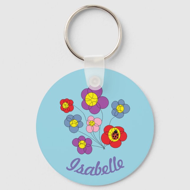 Pretty Ladybug and Flowers Art Personalised Key Ring (Front)