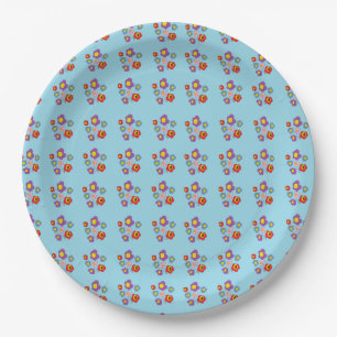 Pretty Ladybug and Flowers Light Blue Pattern Paper Plate