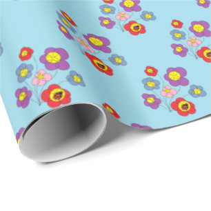 Pretty Ladybugs and Flower Pattern Blue  Wrapping Paper