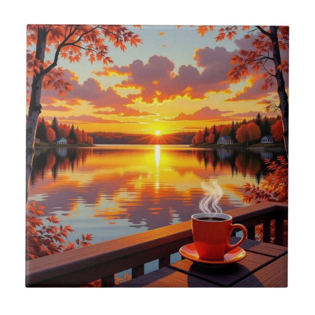 Pretty Lake Side View of a Sunrise and Warm Coffee Ceramic Tile (Front)