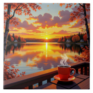 Pretty Lake Side View of a Sunrise and Warm Coffee Ceramic Tile