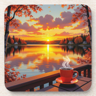 Pretty Lake Side View of a Sunrise and Warm Coffee Coaster