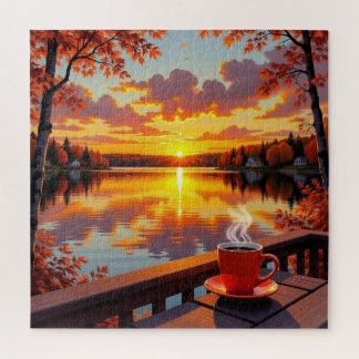 Pretty Lake Side View of a Sunrise and Warm Coffee Jigsaw Puzzle