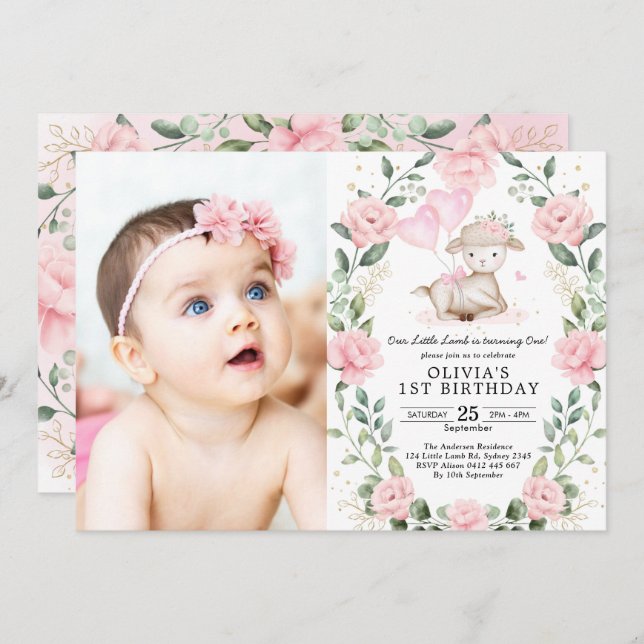 Pretty Lamb Pink Floral Wreath Girl Birthday Party Invitation (Front/Back)