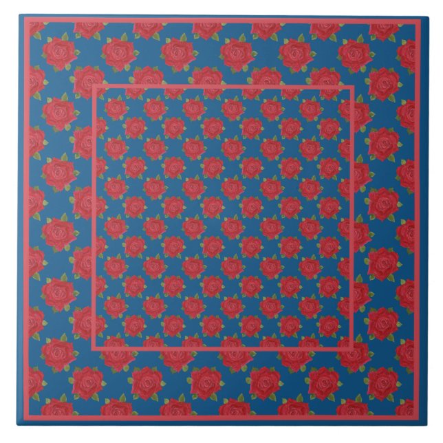Pretty, Large Ceramic Tile: Red Roses on Blue Ceramic Tile (Front)