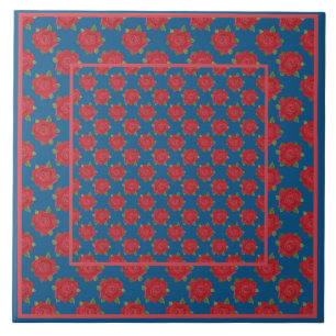 Pretty, Large Ceramic Tile: Red Roses on Blue Tile