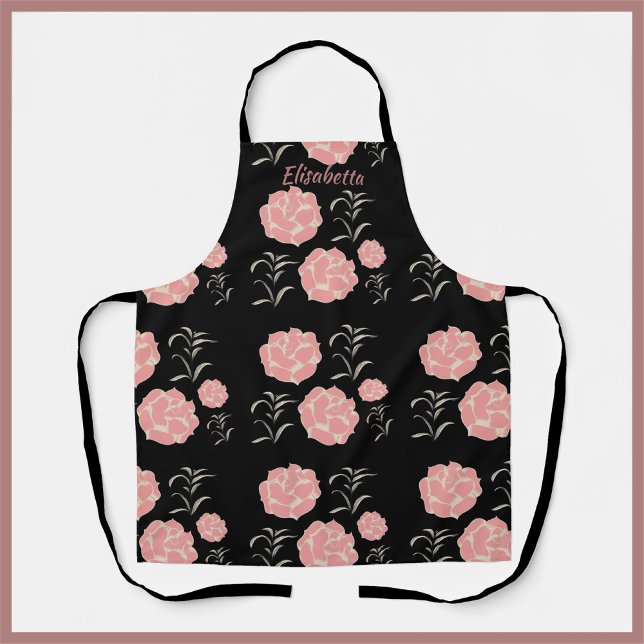 Pretty Large Pink Roses with Foliage on Black  Apron (Creator Uploaded)