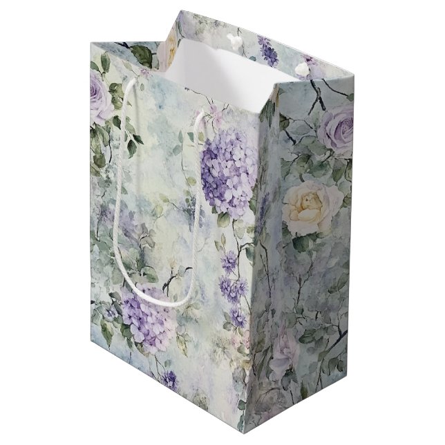 Pretty Lavender Cream Rose Flowers Bridal Shower Medium Gift Bag (Front Angled)
