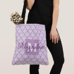 Pretty Lavender Damask Feminine Monogram & Name Tote Bag<br><div class="desc">This beautiful over the shoulder tote bag features a classic chic white damask pattern over a lavender or dusty purple background. The design features a monogram initial letter as well as a lovely script name giving it a simple yet elegant style. Perfect for school, work, shopping, groceries, diaper bag, or...</div>