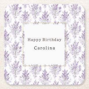 Pretty Lavender Flowers Birthday Square Paper Coaster
