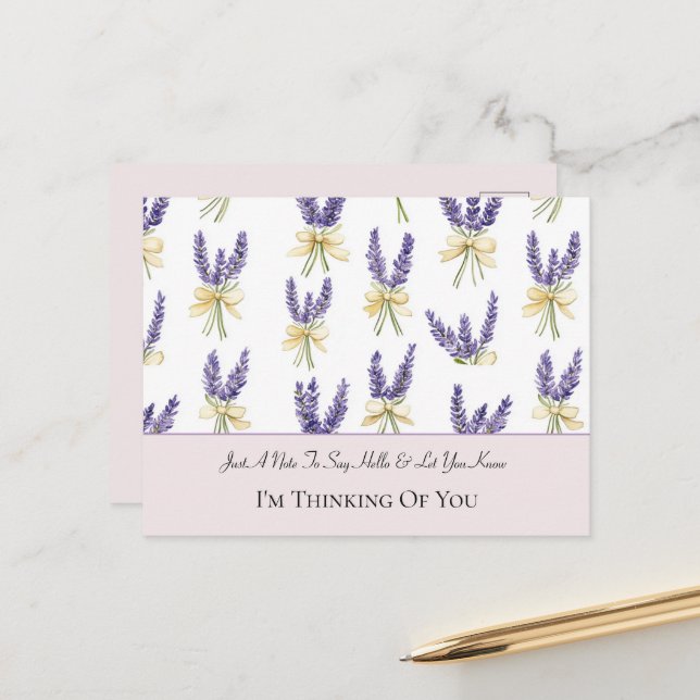 Pretty Lavender Flowers Bows Thinking of You Postcard (Front/Back In Situ)