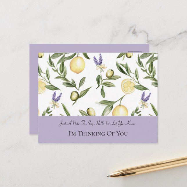 Pretty Lavender Flowers Lemons Thinking of You Postcard (Front/Back In Situ)