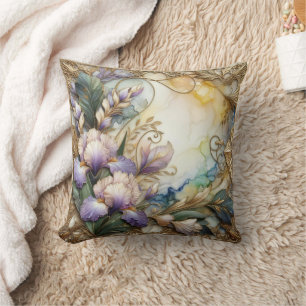 Pretty Lavender Iris Flowers with Gold Scrolling Cushion