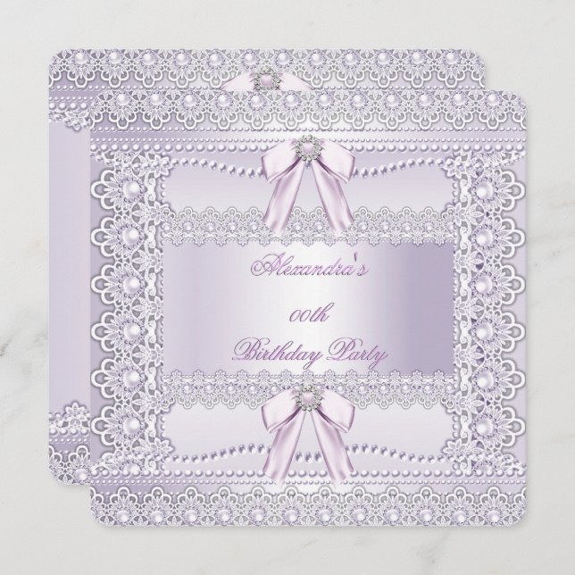 Pretty Lavender Pearls Lace Bow Birthday Party Invitation (Front/Back)