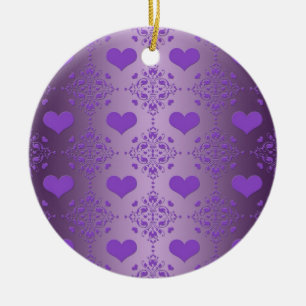 Pretty Lavender Purple Hearts Damask Ceramic Ornament