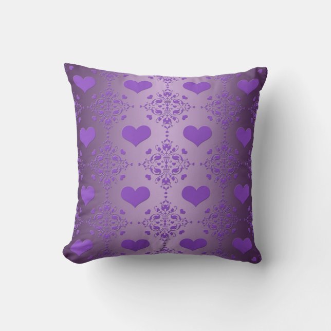 Pretty Lavender Purple Hearts Damask Cushion (Front)