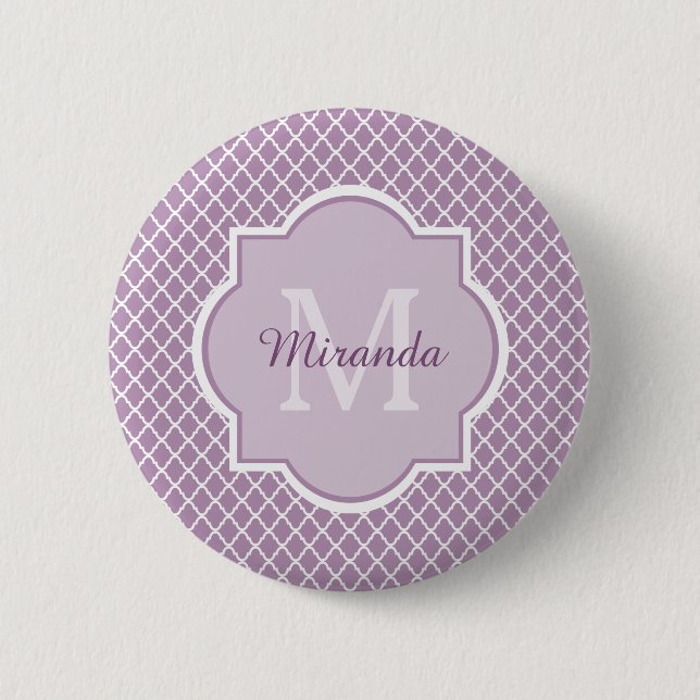 Pretty Lavender Purple Quatrefoil Monogrammed Name 6 Cm Round Badge (Front)