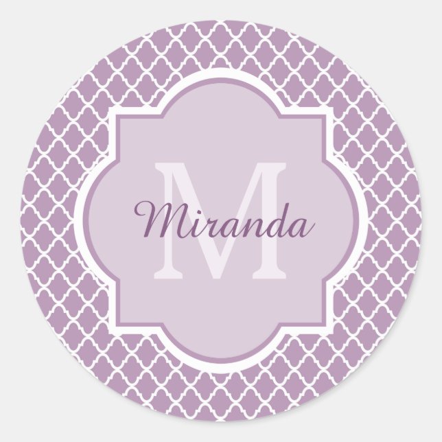 Pretty Lavender Purple Quatrefoil Monogrammed Name Classic Round Sticker (Front)