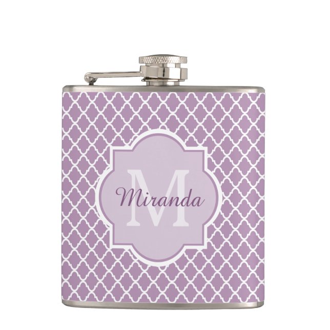 Pretty Lavender Purple Quatrefoil Monogrammed Name Hip Flask (Front)