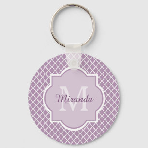 Pretty Lavender Purple Quatrefoil Monogrammed Name Key Ring