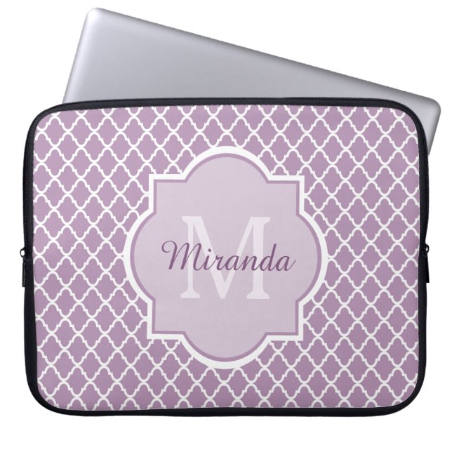 Pretty Lavender Purple Quatrefoil Monogrammed Name Laptop Sleeve (Front)