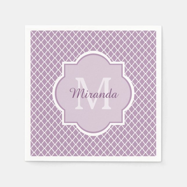 Pretty Lavender Purple Quatrefoil Monogrammed Name Napkin (Front)