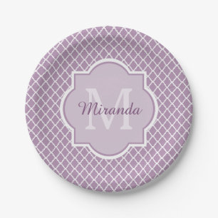 Pretty Lavender Purple Quatrefoil Monogrammed Name Paper Plate