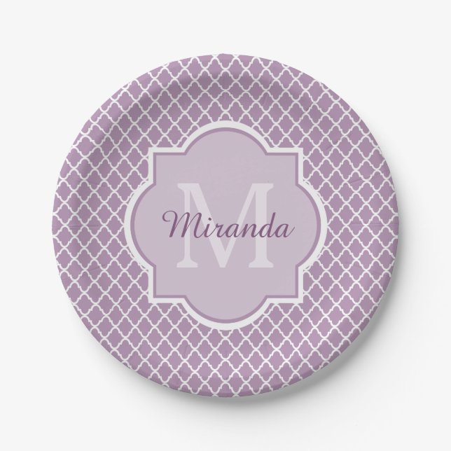 Pretty Lavender Purple Quatrefoil Monogrammed Name Paper Plate (Front)