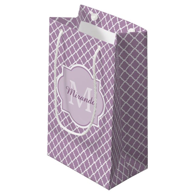 Pretty Lavender Purple Quatrefoil Monogrammed Name Small Gift Bag (Front Angled)