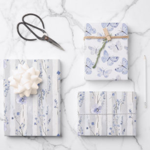 Pretty Lavender White Floral Stripes Birthday Wrapping Paper Sheet