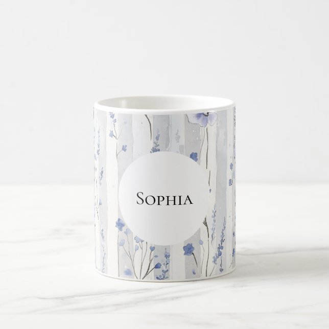 Pretty Lavender White Floral Stripes Personalised Coffee Mug (Center)
