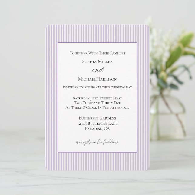 Pretty Lavender White Stripes Wedding Invitation (Standing Front)