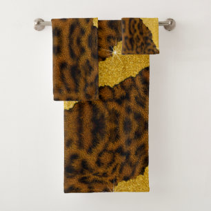 Pretty Leather Leopard Animal Print With Glitter Bath Towel Set