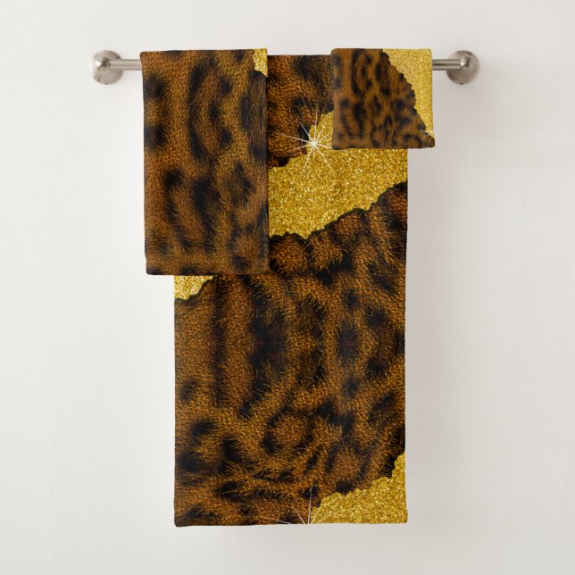 Pretty Leather Leopard Animal Print With Glitter Bath Towel Set (Insitu)