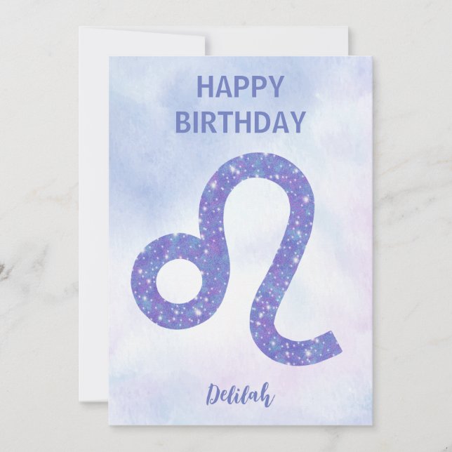 Pretty Leo Sign Personalised Purple Happy Birthday Card (Front)