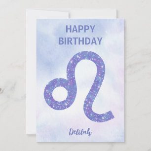 Pretty Leo Sign Personalised Purple Happy Birthday Card