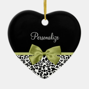 Pretty Leopard Print Spring Green Bow With Name Ceramic Tree Decoration