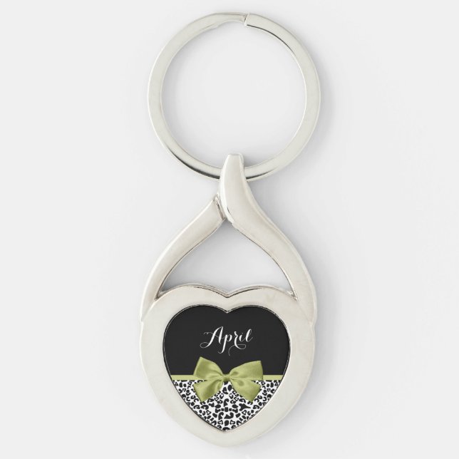 Pretty Leopard Print Spring Green Bow With Name Key Ring (Front)