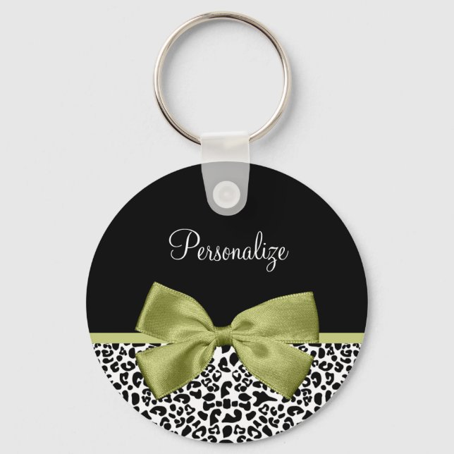 Pretty Leopard Print Spring Green Bow With Name Key Ring (Front)