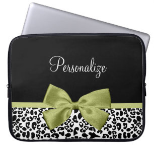 Pretty Leopard Print Spring Green Bow With Name Laptop Sleeve