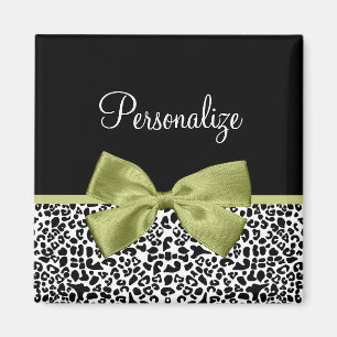 Pretty Leopard Print Spring Green Bow With Name Magnet
