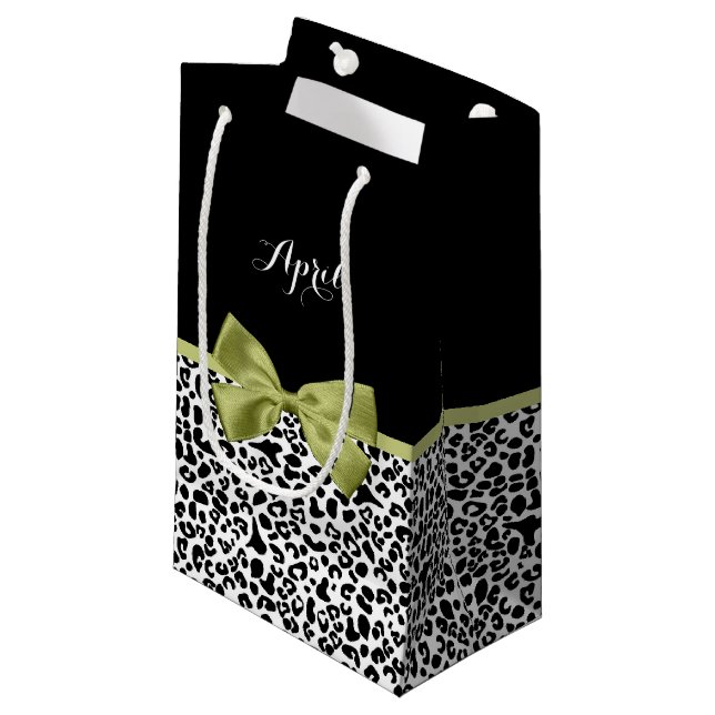 Pretty Leopard Print Spring Green Bow With Name Small Gift Bag (Front Angled)
