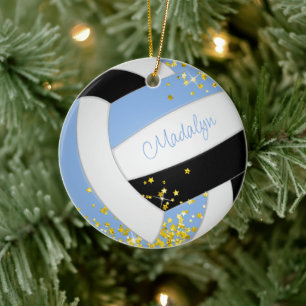 pretty light blue black volleyball gold stars ceramic ornament