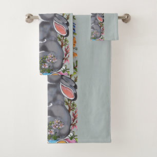 Pretty Light Blue Bunny Rabbit Bird Floral Cute Bath Towel Set